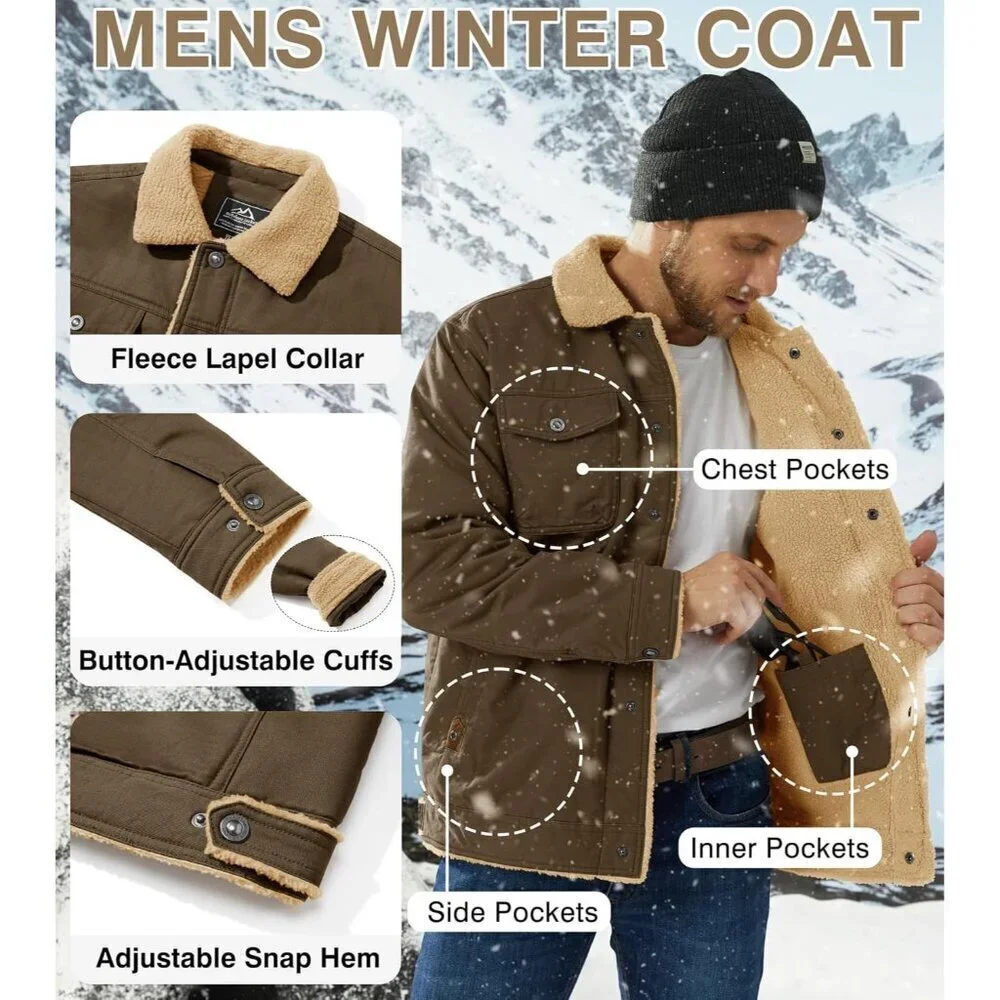 Men's Coffee Winter Thick Thermal Cotton Warm Fleece Lined Coat Cargo Jackets